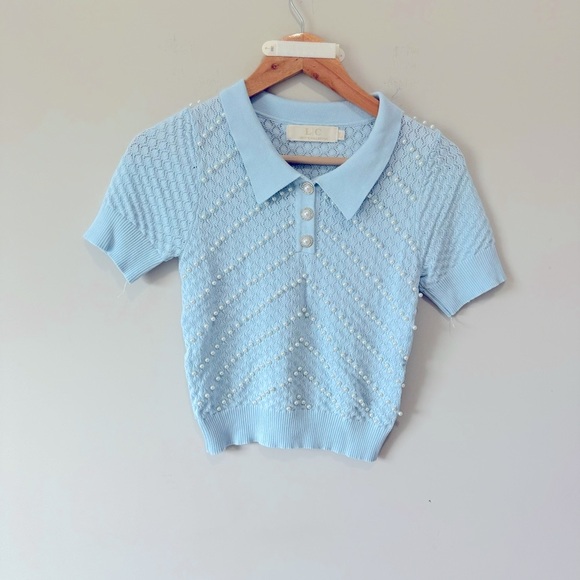 Elegant Light Blue Knit Polo Top - Picture 1 of 6